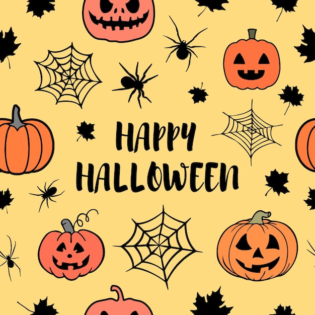 Card or seamless pattern made up of spiders, cobweb, maple leaves, pumpkins, text Happy Halloween