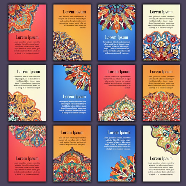Card set with floral decorative mandala elements background.