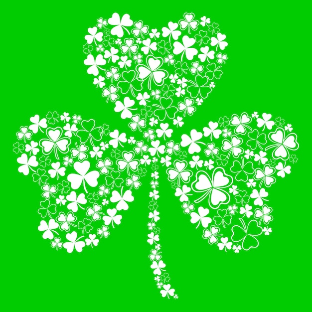 Card for st patricks day with a beautiful clover on a green background made up of small white clover