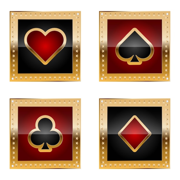 Vector card suits icon set for casino with golden border and stars