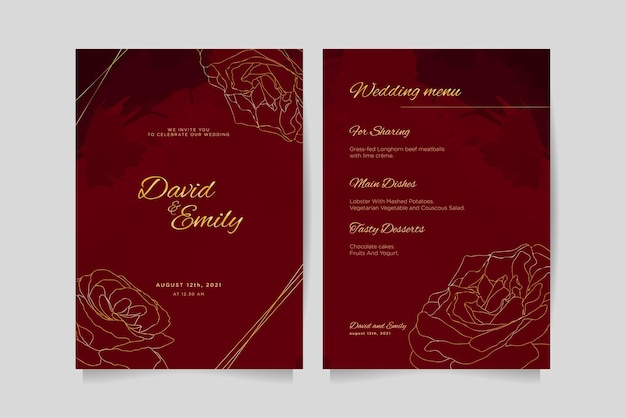 Design del modello di carta per l'invito al matrimonio e il menu del matrimonio stile di design di lusso con rose dorate