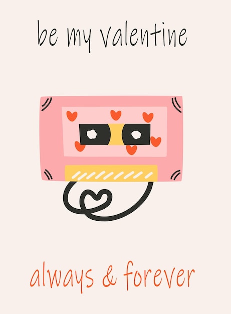 Vector card template for saint valentines day 14 february hand drawn cards with cassette heart text