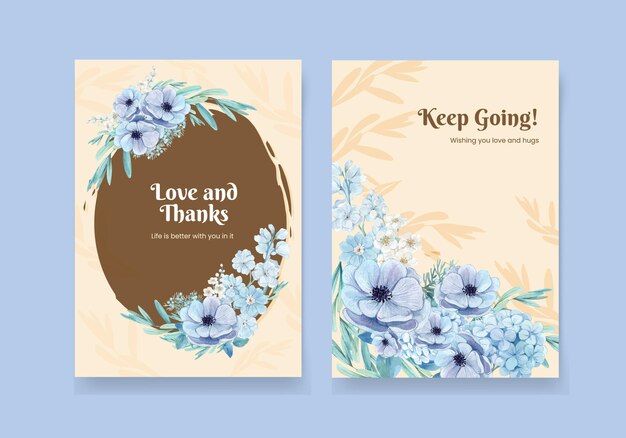 Card template with blue flower peaceful concept,watercolor style