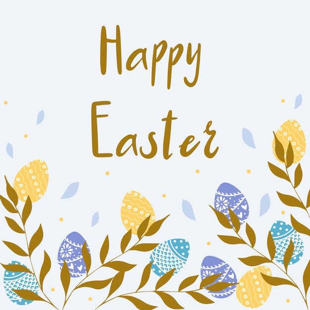 Modello di carta con iscrizione scritta a mano buona pasqua e uova decorate