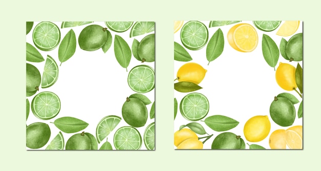 Card templates of hand drawn limes and lemons, illustration, round frame