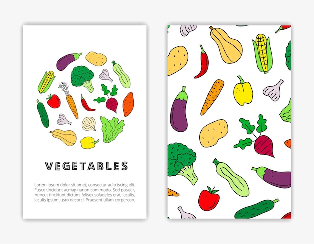 Vector card templates with cute doodle colorful vegetables used clipping mask