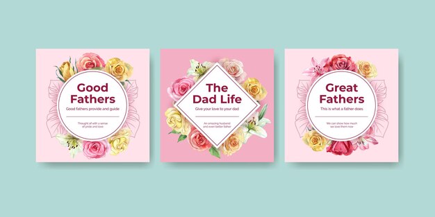 Card templates with father's day concept in watercolor style