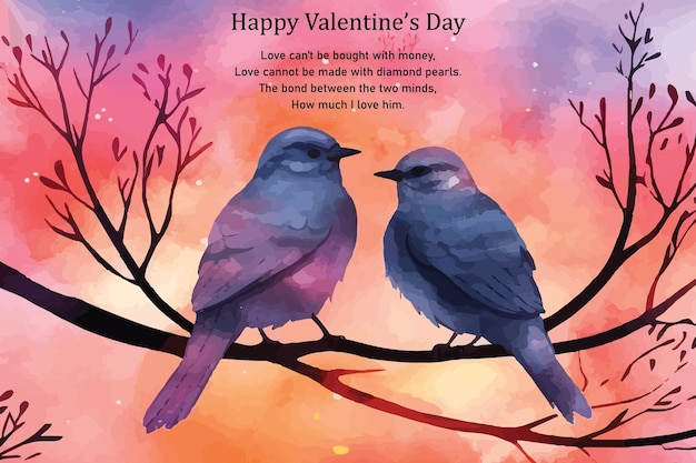 Vector a card for valentine's day with two birds on a branch