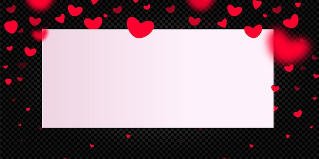 Vector card for valentines day. red falling hearts on a black background.