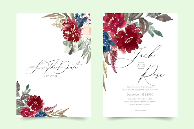 Card Watercolor invitation design with burgundy and red roses leaves flower