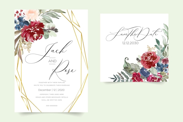 Card Watercolor invitation design with burgundy and red roses leaves flower