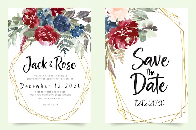 Card Watercolor invitation design with burgundy and red roses leaves flower