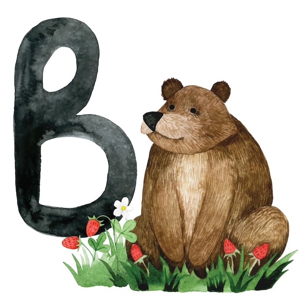 Card with alphabet letter B cute drawing for kids alphabet letter B and cute bear animal