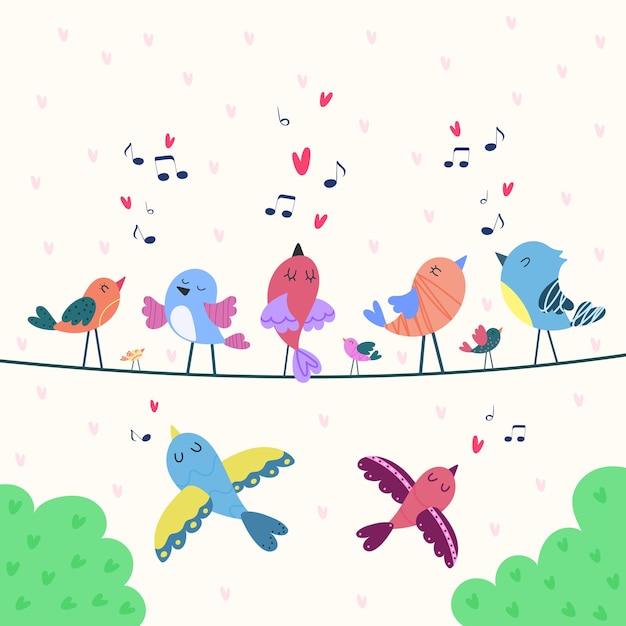 Vector card with birds singing about love