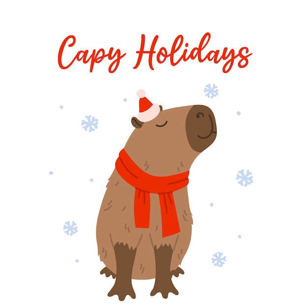 Vector card with capybara snowflakes red hat scarf and text capy holidays in hand drawn flat style