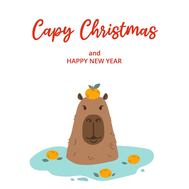 Vector card with capybara tangerines in water and text capy christmas on white background