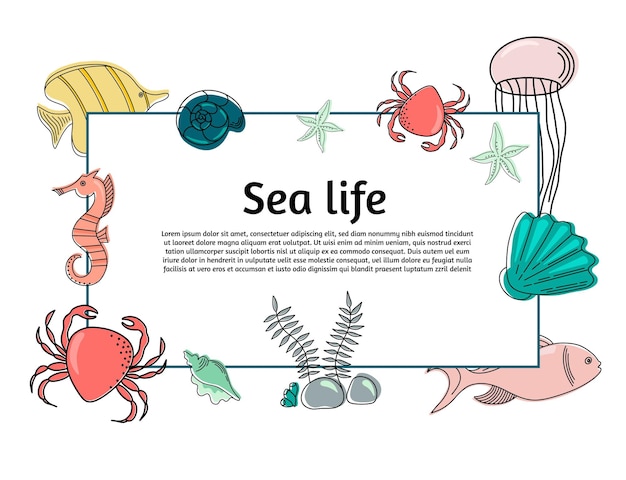 カラフルな魚とカード ベクトル イラスト漫画スタイル グリーティング カード デザイン海の生活イラスト ポスター カード バナー ファッション