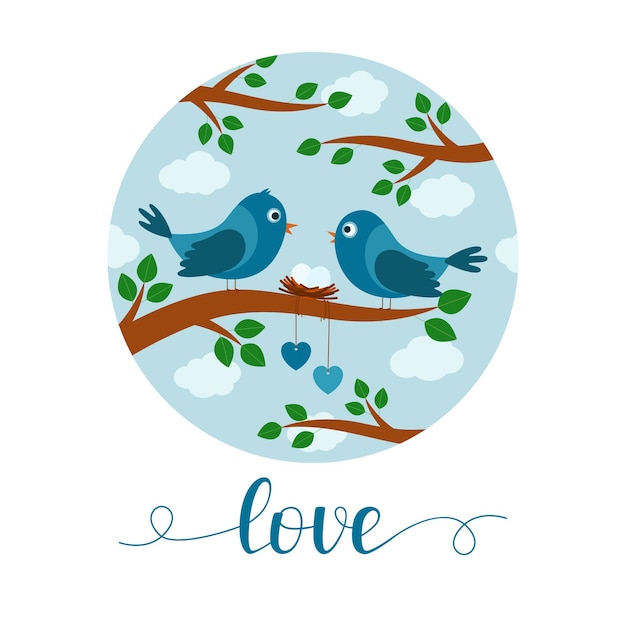 Card with couple of birds on branch, lettering love, vector illustration