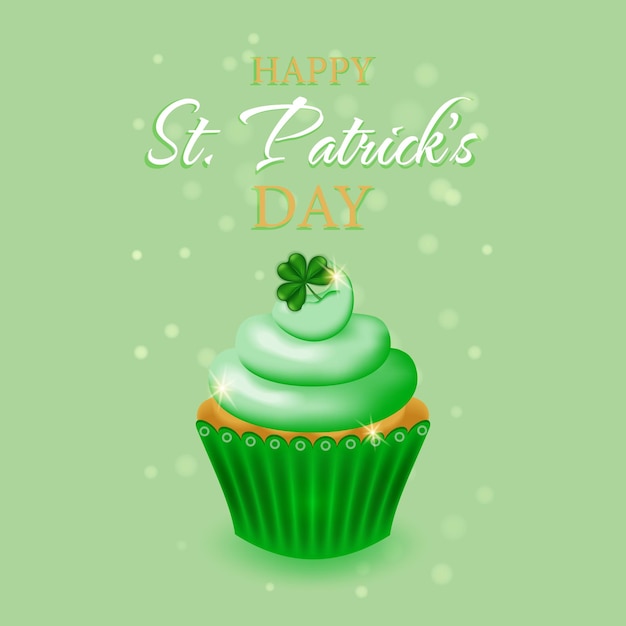 성 패트릭의 날을 위한 컵케이크가 있는 카드. 달콤한 축제 디저트와 함께 St.Patricks Day 배경입니다.