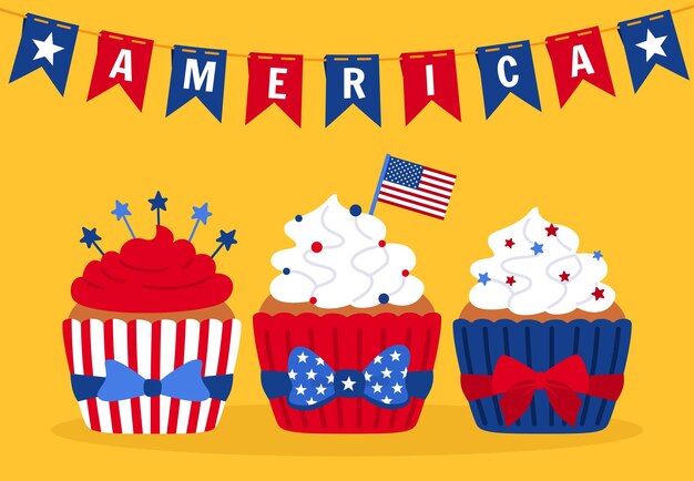 Card with cupcakes independence day, usa flag cartoon cakes garland bunting american flag