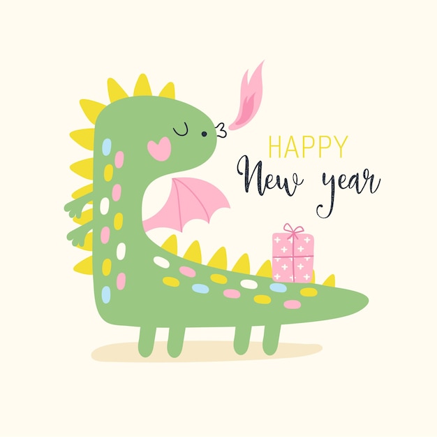 Vector card with cute cartoon green dragon happy new year 2024 vector illustrations