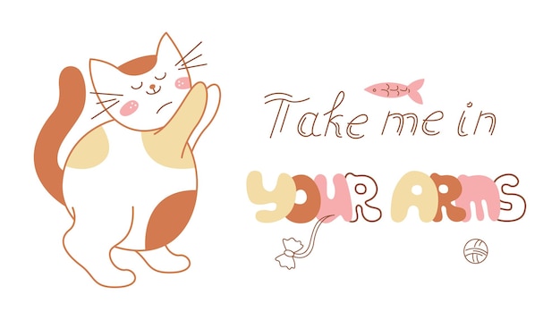 Карточка с милой кошкой, которая просит ручки и рукописную надпись Doodle color vector illustration