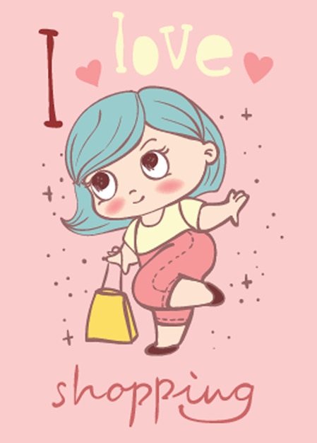 Card with cute fashion girl with packages and hand drawn lettering I love shopping Vector illustration