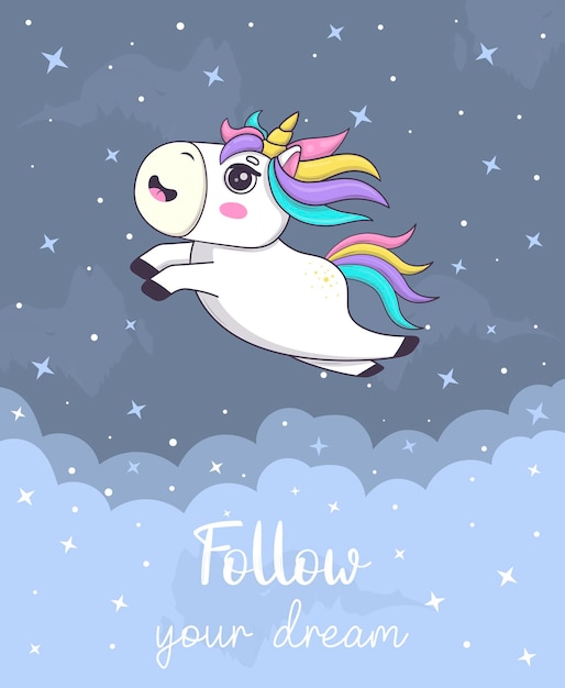 Card with cute kawaii unicorn with rainbow mane and horn in anime style