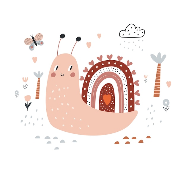 Card with a cute snail kids print vector illustration