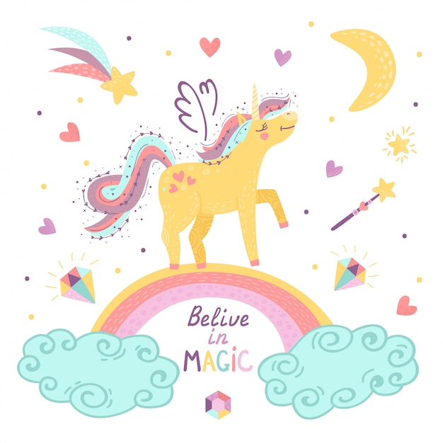 Card with fantasy unicorn and lettering