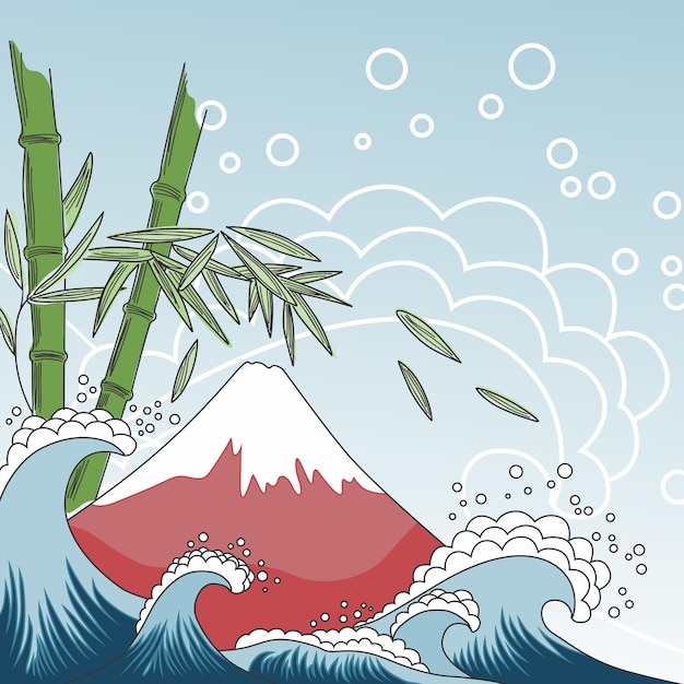 Vector card with fuji mount sea waves and bamboo tree