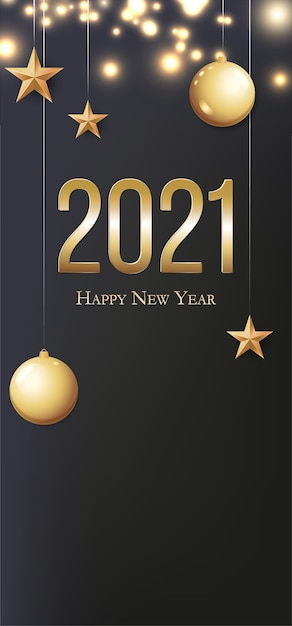 Card with greeting 2021 Happy New Year. Illustration with gold Christmas balls, light, stars and place for text. Flyer, poster, invitation or banner for New Year's 2021 Eve Party celebration.