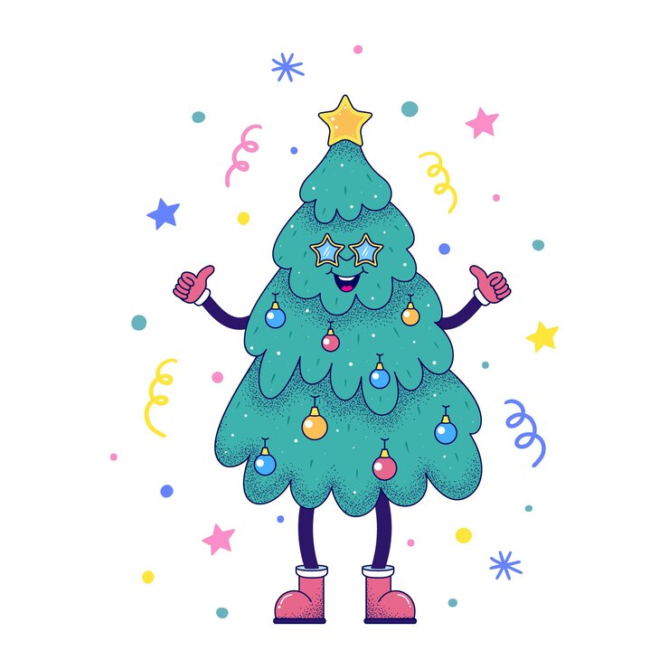 Vector card with happy christmas tree in cartoon style on white background
