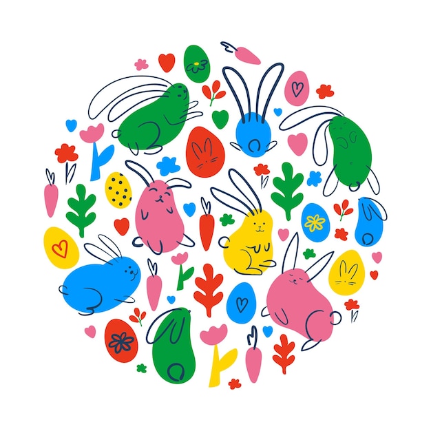 Vector card with the image of rabbits hares easter eggs and grass decor