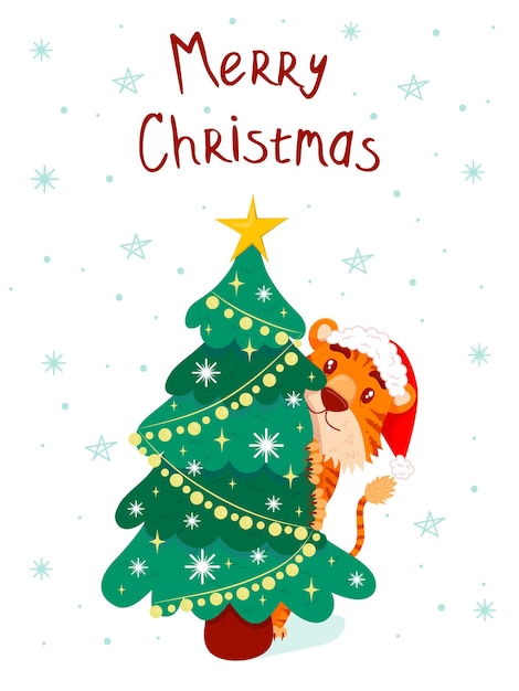 Vector card with the inscription merry christmas with tiger in a christmas hat hid behind a christmas tree