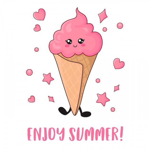 Vector card with kawaii pink ice cream on white