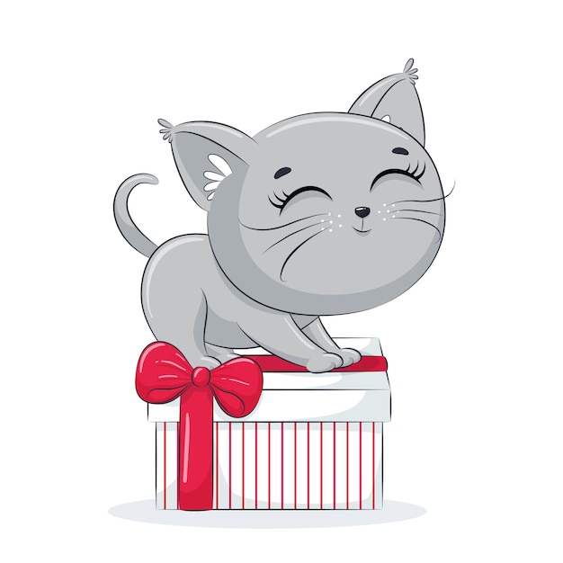 Card with a kitten with gift box. merry christmas design.