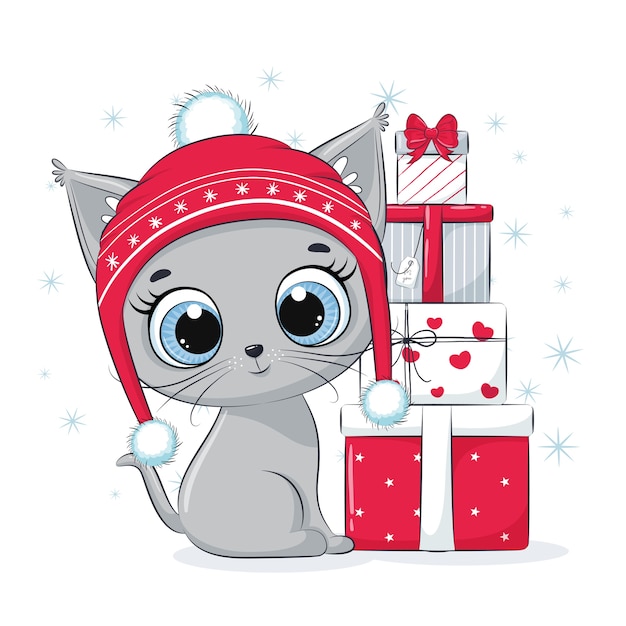 Card with a kitten with gift boxes