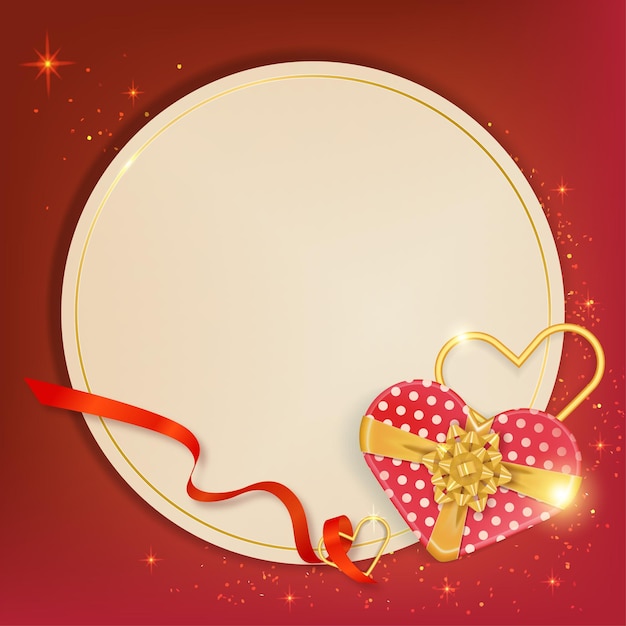 Card with love gift and ribbon decoration on red background