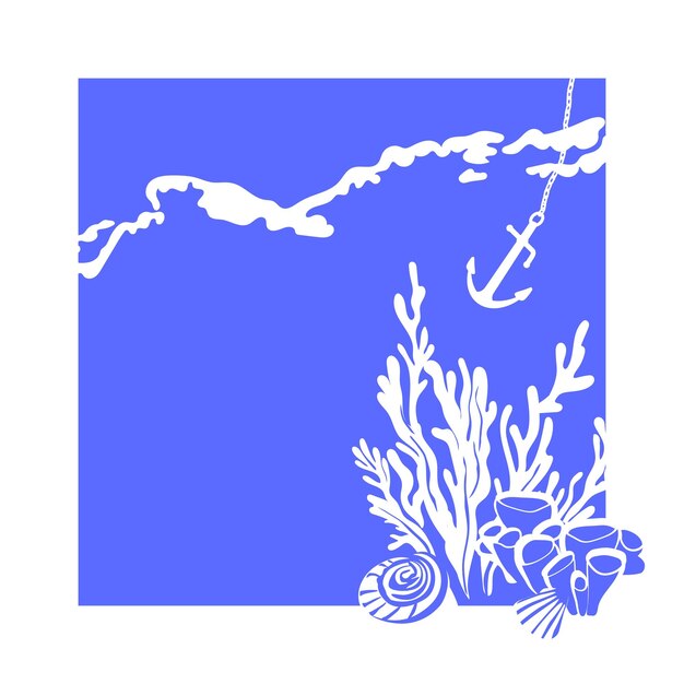 Vector card with the minimalistic sea scene corals and sea plants on a blue background