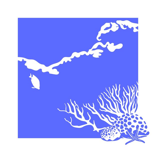 Карта с минималистской морской сценой Кораллы и морские растения на синем фоне