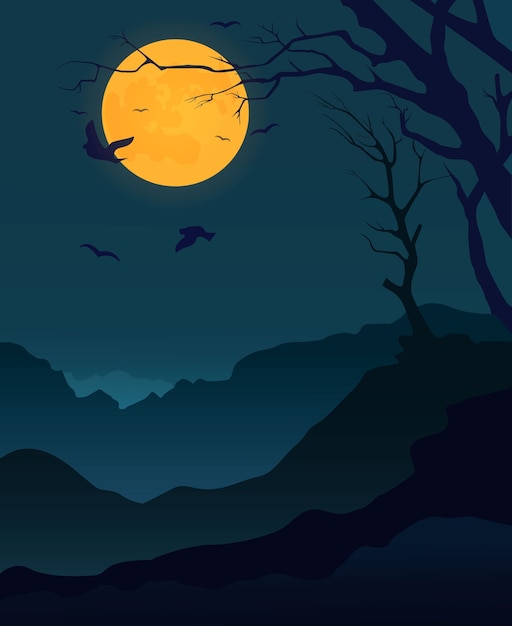 Vector card with night landscape and moon.