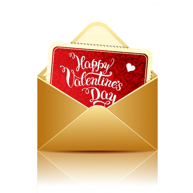 Открытка с оригинальной ручной надписью Happy Valentines Day и золотым конвертом