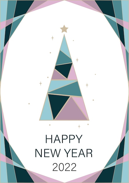 Card with a picture of a Christmas tree, sparkles and a Happy New Year greeting in a geometric style