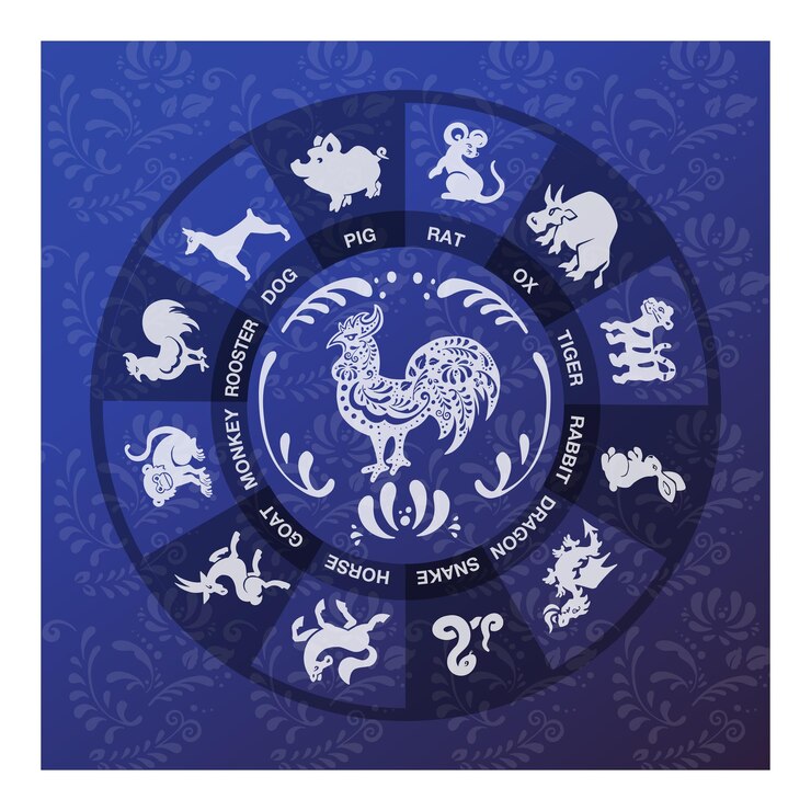 Card with rooster hen with blue flowers in ethnoboho style and vector illustration eps 10