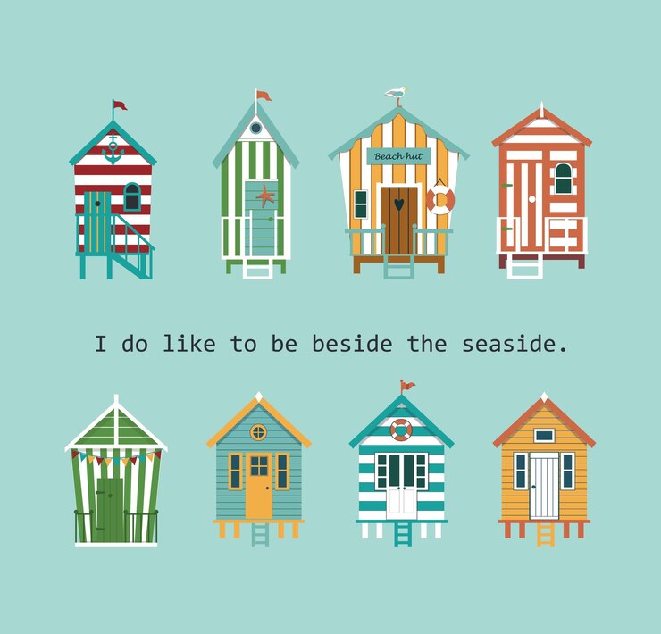 Vector card with set of beach huts on blue background