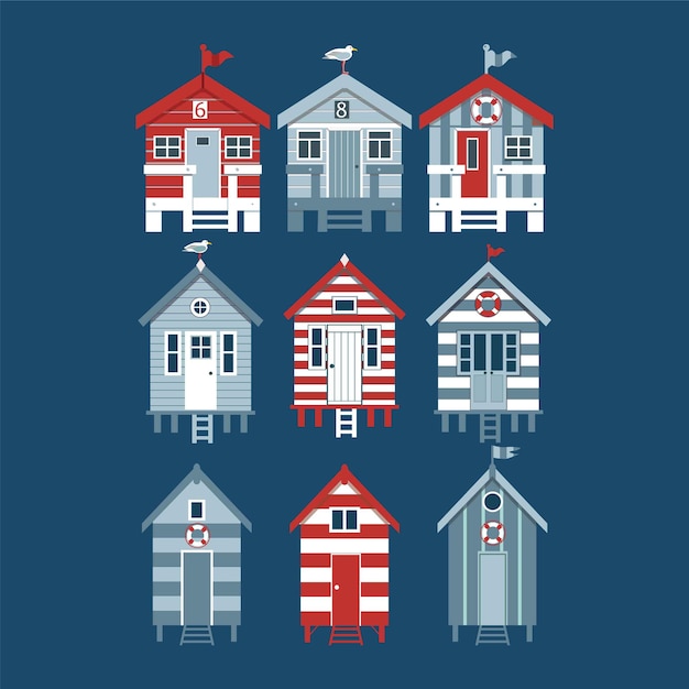 Vector card with set of beach huts with seagulls flags