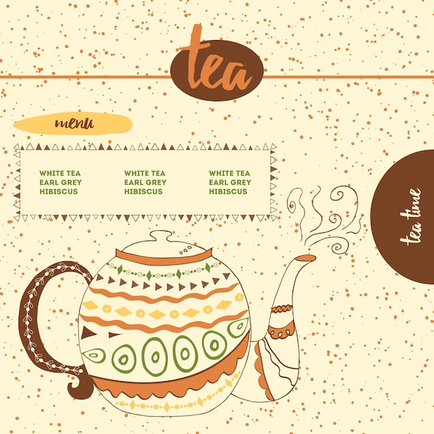 Vector card with sketched cute teapot for menu design or web template hand drawn colored kettle with geometric ornament