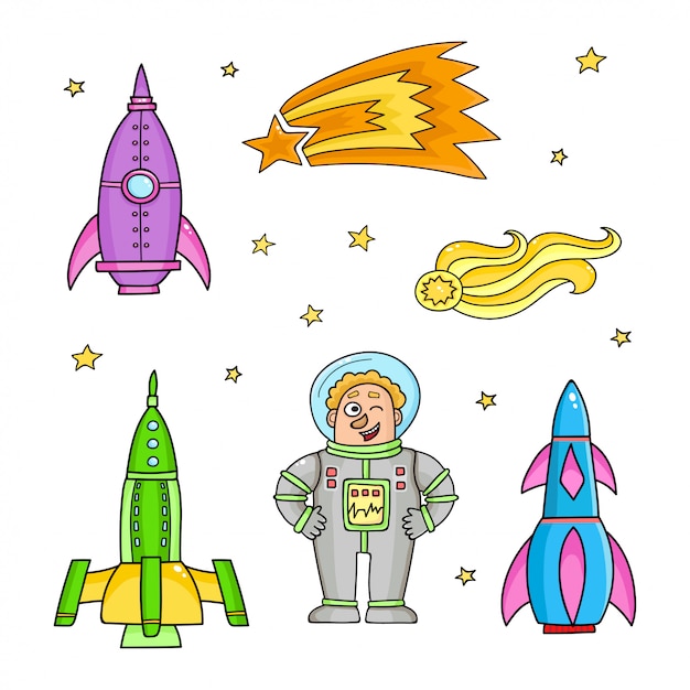 Card with space objects rockets, stars, comet . handdrawn elements in space