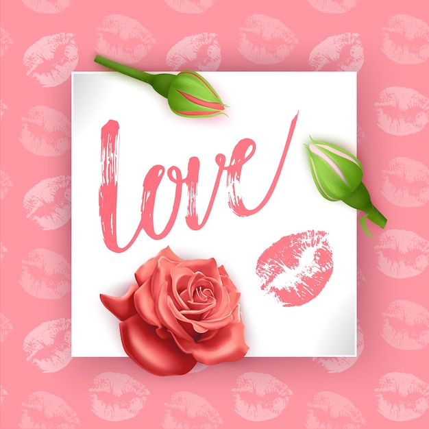 Открытка с надписью любовь на день святого валентина. рука надписи карта с бутонами роз, иллюстрация